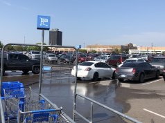 In a big box store beside a huge parking lot big box store