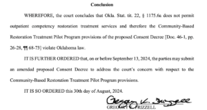 Judge: Proposed consent decree in mental health lawsuit violates state law proposed consent decree mental health competency restoration Oklahoma