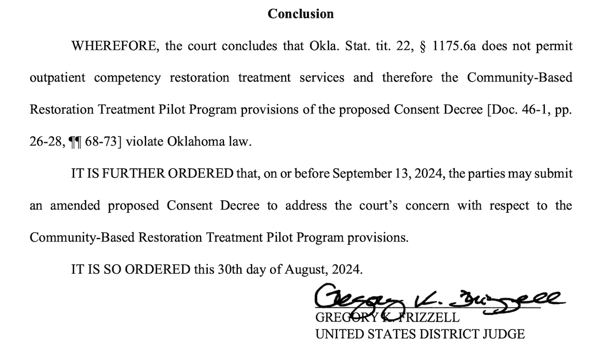 proposed consent decree mental health competency restoration Oklahoma