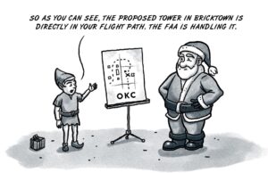 Santa Claus coming to town before Bricktown tower Bricktown tower, Santa Claus, FAA